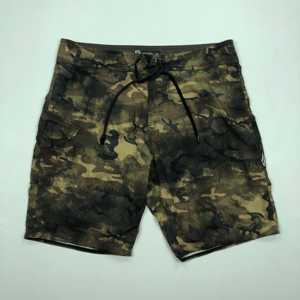 Volcom Mod-Tech Mens Camo Board Shorts Size 34 Green Brown Camouflage Swim Trunk